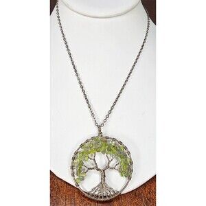 925 Silver & Natural Stone Tree of Life Pendant with 925 Silver Chain 16"L